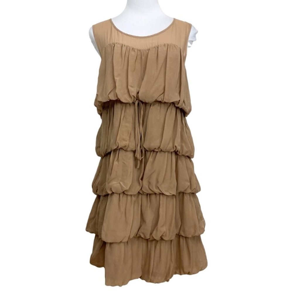 NWT ZARA BEIGE NUDE 100% SILK PUFFY LAYERED MINI SLEEVELESS DRESS - XS - Picture 2 of 9